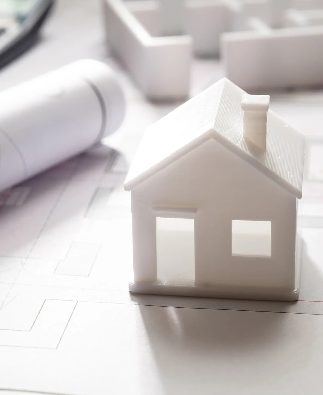 Architekturmodell eines Hauses auf Bauplan mit gerollten Zeichnungen im Hintergrund.