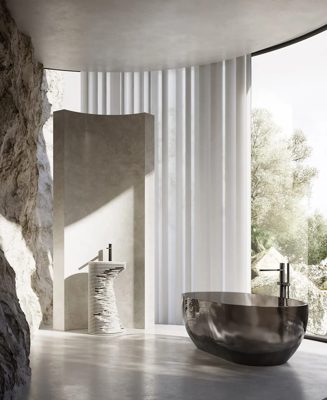 Modernes Badezimmer mit freistehender metallicfarben glänzender Badewanne, skulptural geformtem Designwaschtisch und bodentiefem Fenster mit Blick in die Natur.