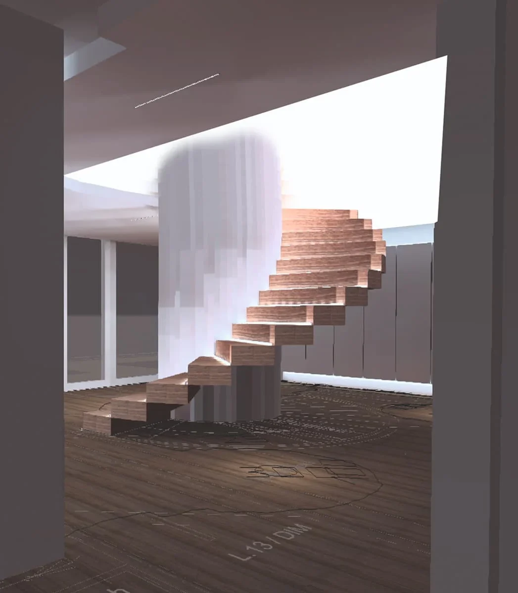 3D-Rendering eines Innenraums mit freistehender Wendeltreppe aus Holz und Holzfußboden in moderner Architektur.