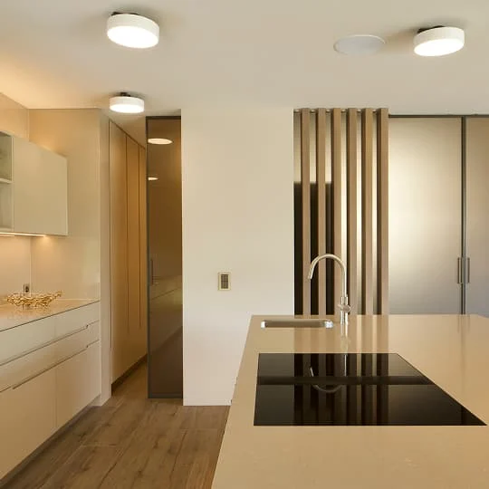 Moderne offene Küche mit heller Arbeitsplatte und Holzlamellen-Trennwand.