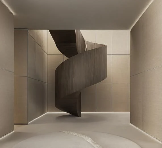 Moderne, freischwebende Wendeltreppe aus dunklem Holz in einem minimalistischen, beige gehaltenen Innenraum.